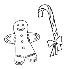 Christmas themed decorative illustration, gingerbread cookies and candy cane doodle pattern. Vector illustration.