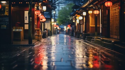 A peaceful and lovely evening setting in Japan following rain in the rural or small-town landscape,...
