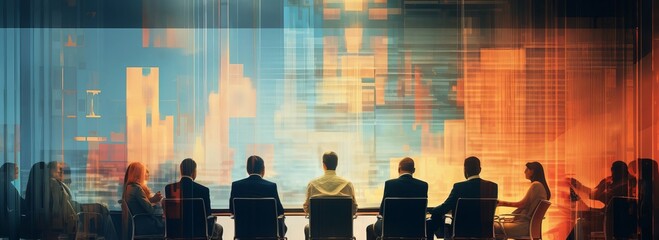 a business meeting room with silhouette of  people in chairs 