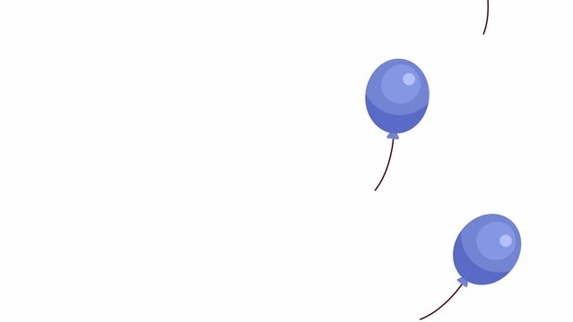 Flying up blue balloons on right side 2D objects animation. Milestone birthday celebrating flat cartoon 4K video, transparent alpha channel. Inflatable decor animated elements on white background