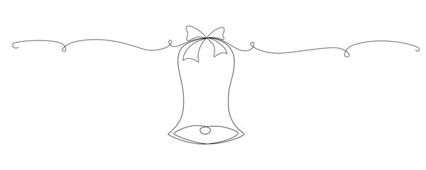 Christmas jingle bell hand draw one single line banner. Vector stock illustration isolated on white background for design template winter greeting card, banner for sale. Editable stroke. 
