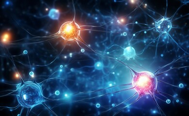neural cells with luminous dots, biology background