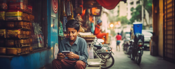 Indian or Pakistani or Mexican Hispanic little boy holding his mobile phone watching or messaging social media for online internet coverage in poor and worldwide areas as wide banner poster