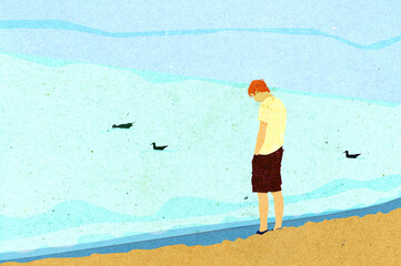 Ilustracja samotny młody mężczyzna z opuszczoną głową i rękami w kieszeniach na plaży nad wodą. - obrazy, fototapety, plakaty