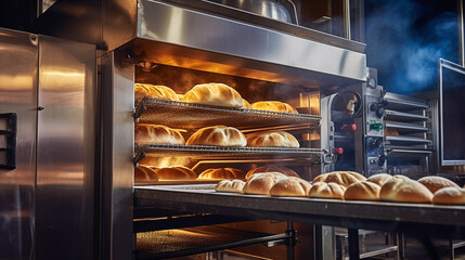 Baking tray with freshly baked rolls in an industrial oven - obrazy, fototapety, plakaty
