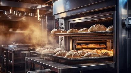 Foto auf Acrylglas Brot Baking tray with freshly baked rolls in an industrial oven