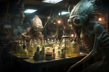 An ugly alien monster located in a laboratory. He or she is working on a lab project. Scary place with lots of equipment