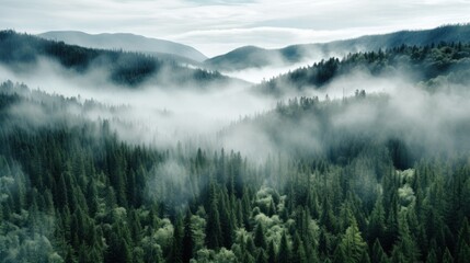 Fototapeta premium An aerial shot of a dense forest with a white fog