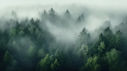 Zelfklevend Fotobehang Mistige ochtendstond An aerial shot of a dense forest with a white fog