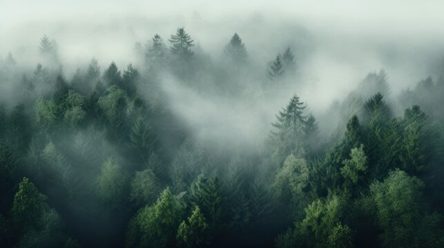 Fototapeta An aerial shot of a dense forest with a white fog
