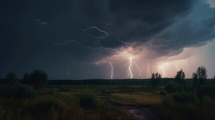 Lightning in the night over the field. Amazing landscape of a severe thunderstorm in dark night.