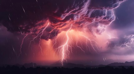 Lightning in the night over the field. Amazing landscape of a severe thunderstorm in dark night. - obrazy, fototapety, plakaty