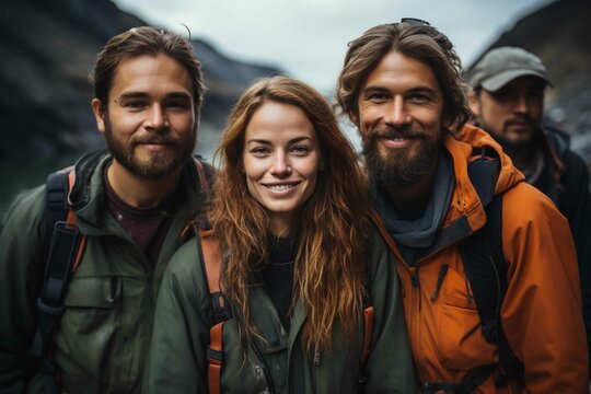 Portrait of group of volcano specialists at top of mountain