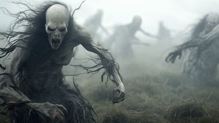 A mob of creepy zombies is attacking. Zombie apocalypse scene. - obrazy, fototapety, plakaty