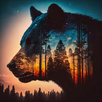 sihouette of a bear in double exposure with forest and sundrise