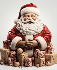a 3d santa Claus with some gift boxs on transparent white background