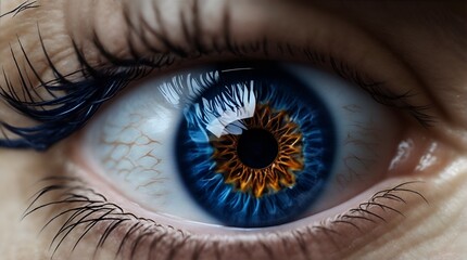 Fototapeta na wymiar A strikingly detailed close-up of a human blue eye, the focal point of this photograph is a mesmerizing blend of colors and textures.