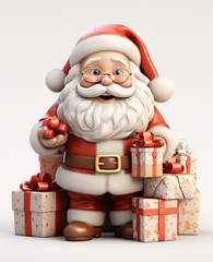 a 3d santa Claus with some gift boxs on transparent white background