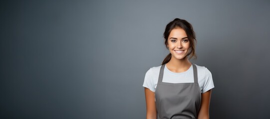 Smiling attractive young female restaurant worker looking at the camera on gray background - obrazy, fototapety, plakaty