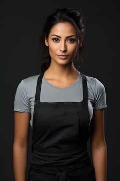 Smiling attractive young female restaurant worker looking at the camera on gray background