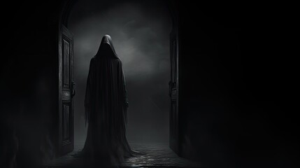 A grim figure stands in the gloom. The concept of loneliness.