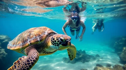 Girls snorkeling with turtles - obrazy, fototapety, plakaty