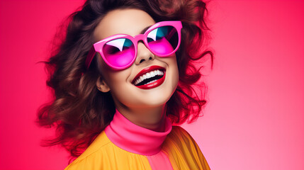 A woman wearing pink sunglasses and smiling - obrazy, fototapety, plakaty