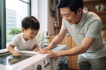 Obraz premium Father and Son Doing Laundry Together to load the washing machine with dirty clothes