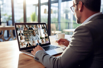 businessman having video conference call with colleagues. remote workers discussing work plans by video digital conference call on laptop. - obrazy, fototapety, plakaty