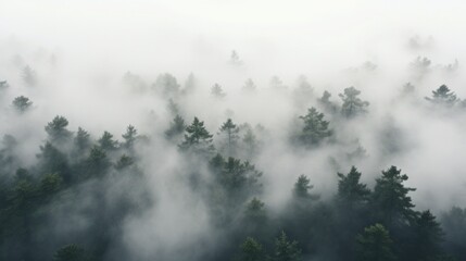 A top view of a forest with a white fog rolling over the treetops. - Powered by Adobe