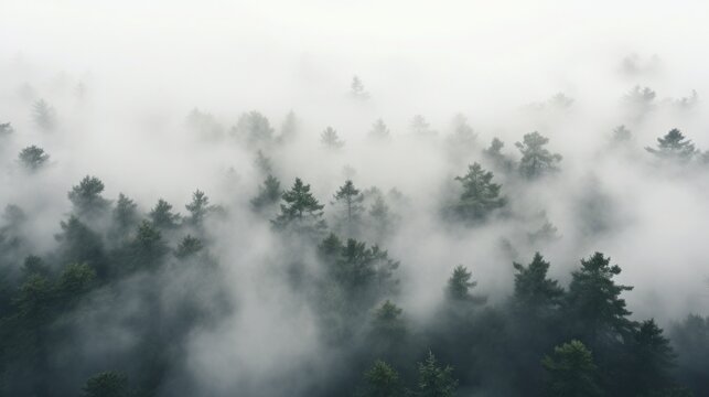 Fototapeta A top view of a forest with a white fog rolling over the treetops.