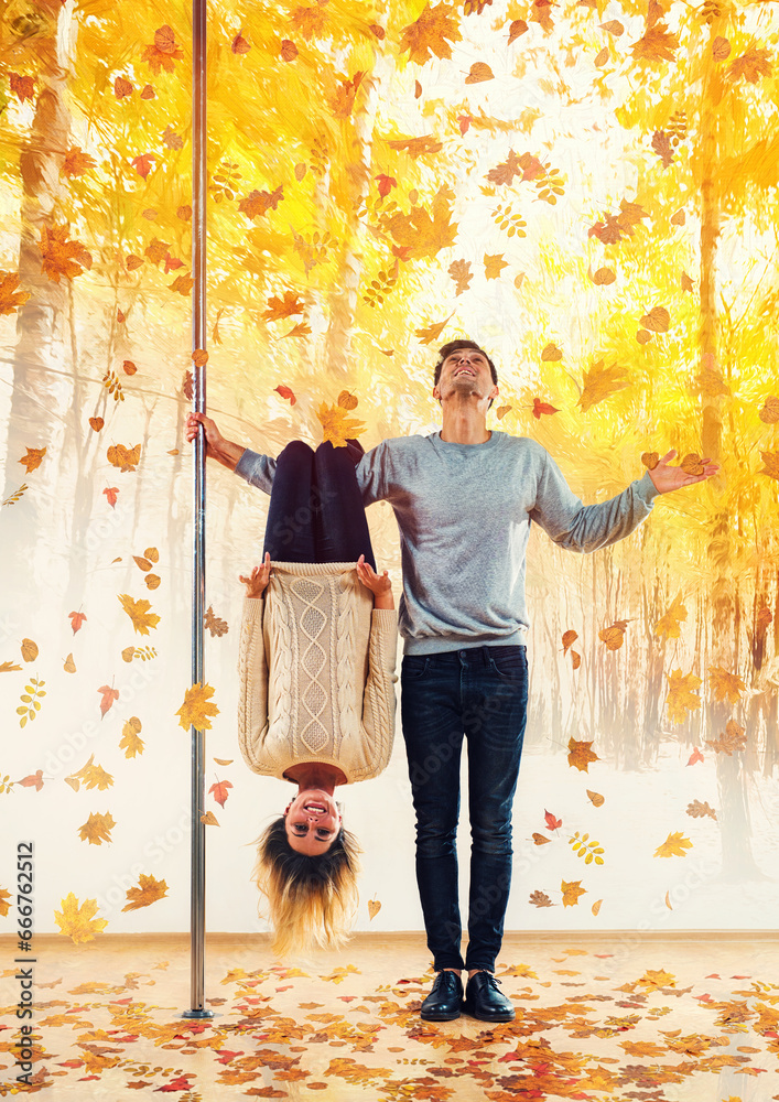 Poster Young happy man and woman pole dancers autumn concept