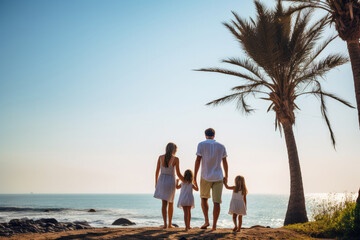A family enjoys a warm summer evening on the beach, filled with joy, togetherness, and stunning sunset views.
