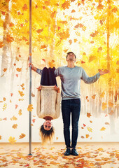Young happy man and woman pole dancers autumn concept