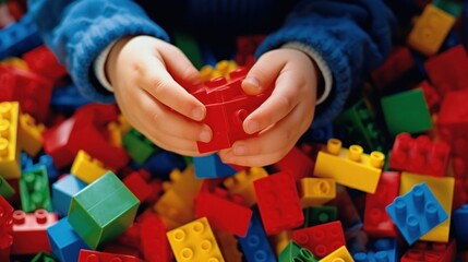 a young child's hands playing with of colorful building blocks