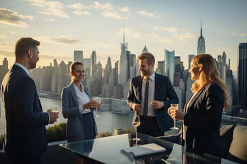 Business colleagues on a rooftop meeting, discussing teamwork and success over a glass of wine, fostering togetherness. - obrazy, fototapety, plakaty