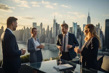 Fototapeten Business colleagues on a rooftop meeting, discussing teamwork and success over a glass of wine, fostering togetherness. © Andrii Zastrozhnov
