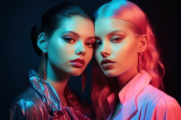 Fashion portrait of two beautiful women with bright makeup. Fashion Concept. Background with a copy space.