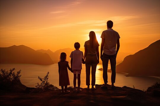 A family strolls on the beach at sunset during a summer vacation, cherishing moments of love and togetherness.