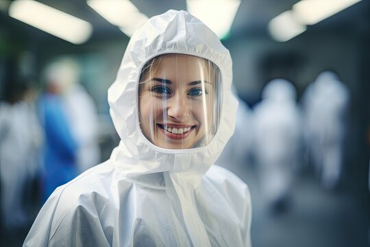 A female scientist in protective gear and a mask conducting research to combat a viral epidemic in a laboratory.