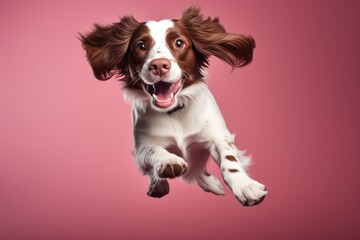 dog jumping on pink background