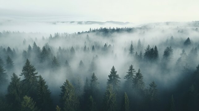 A top view of a forest with a white fog rolling over the treetops.
