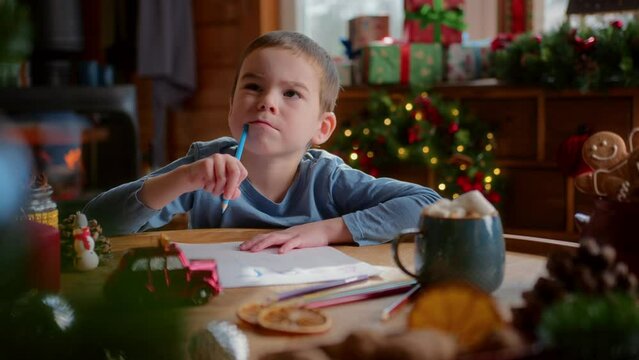 little diligent boy writes a letter with wish list to santa claus using color pencils. thinks over and says oh. christmas decorations, fir tree branches, flashing lights and fireplace on background
