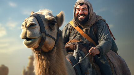 happy nomad man taking crazy selfie during camel riding in Sahara Desert