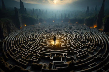 A person navigating a maze of quantum uncertainty, symbolizing the complexity of the human mind. Generative Ai.
