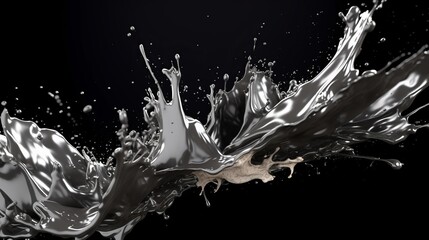 Metallic silver paint splashes on a black background. AI generated