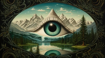  a painting of an eye with mountains and a lake in the background.  generative ai