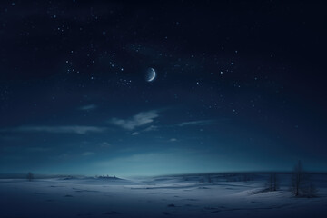 Fototapeta premium Winter night landscape with moon and starry sky.