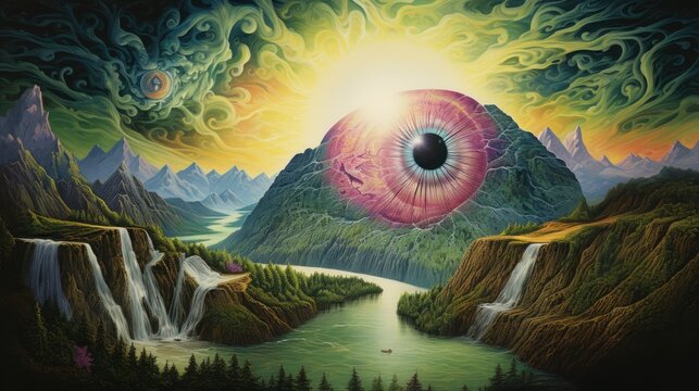  a painting of a giant eye surrounded by mountains and a river.  generative ai