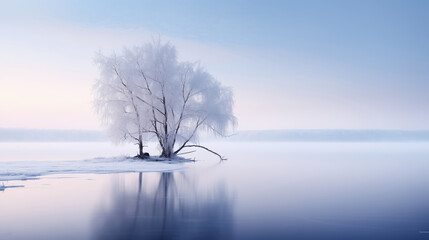 Winter landscape with a frozen lake and a tree in hoarfrost